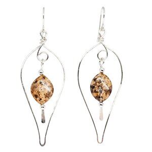 Handmade Tan Picture Jasper Gemstone Beads Silver Teardrop Hoop Boho Earrings,